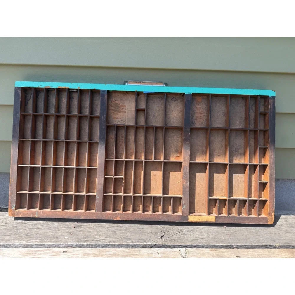 Vintage Wooden Printer Type Tray Shadow Box Teal Letterpress Drawer Display mini